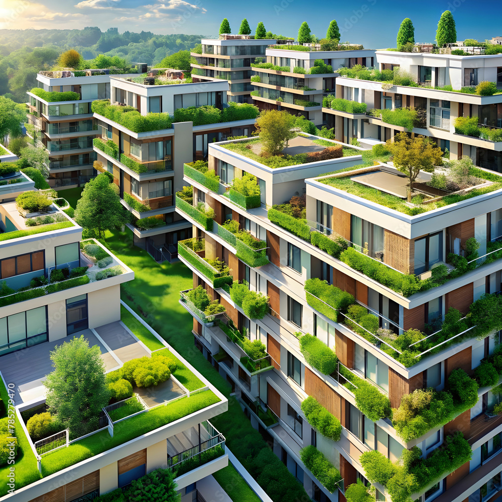modern residential district with green roof modern residential district with green roof