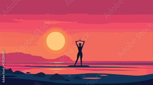 Silhouette of person doing yogon beach at sunset vector © Bill