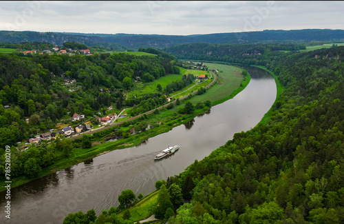 Aerial view of a paddle steamer near Rathen, Saxon Switzerland, Germany