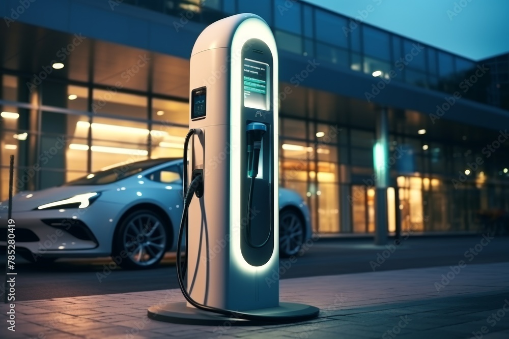 Electric Car Charging in Front of Building AI generated Electric Car Charging in Front of Building AI generated