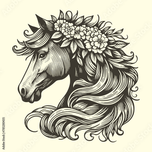 horse with a beautiful mane with flowers vintage portrait illustration