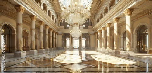 Expansive hall adorned with intricate chandelier, reflecting on polished marble.