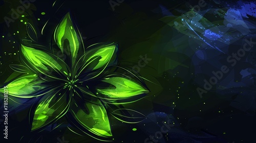  Green flower against black backdrop, adorned with blue and green splatters