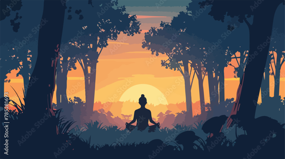 Silhouette of person meditating in serene forest 