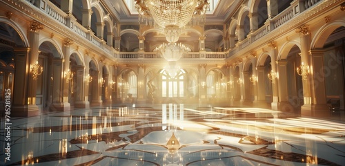 Exquisite chandelier casts mesmerizing light on polished marble in elegant ballroom.