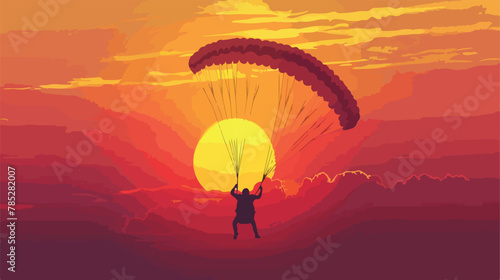 Silhouette of person parachuting from plane at sunset