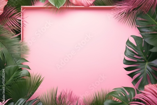 Pink frame background  tropical leaves and plants around the pink rectangle in the middle of the photo with space for text