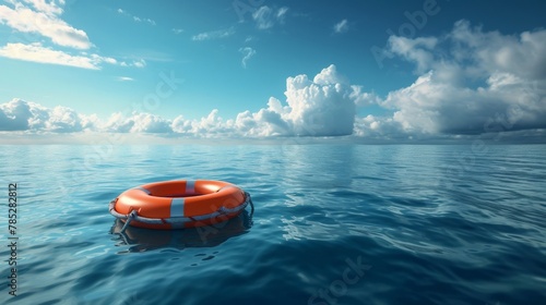 Orange life preserver floating in ocean with clouds in background, symbolizing hope and safety in uncertain times