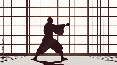 Silhouette of person practicing martial arts in dojo