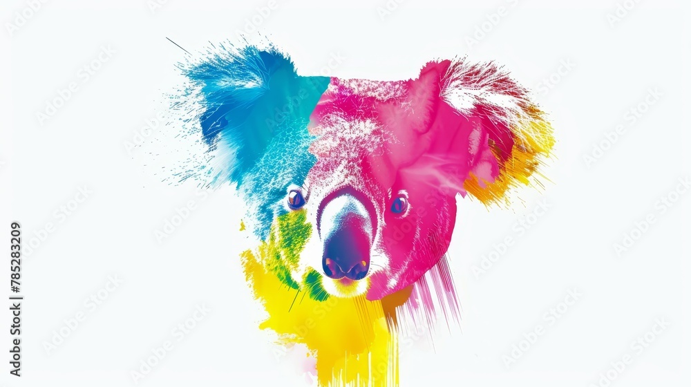   A koala's head painting with multicolored splatters on its face