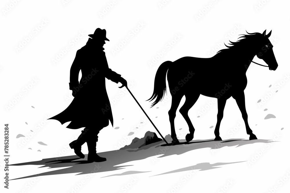 An old man leads a horse walking in the snow silhouette on white background An old man leads a horse walking in the snow silhouette on white background