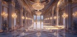 Gleaming chandelier illuminates opulent ballroom with polished marble floors.