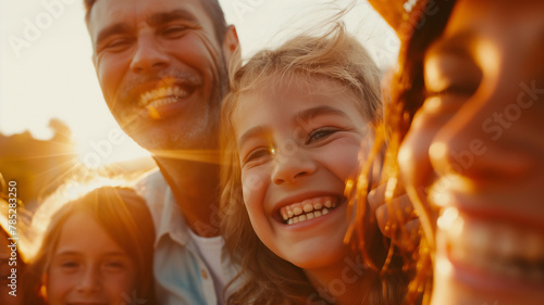 Close-up of a happy family smiling together, bathed in golden sunlight.