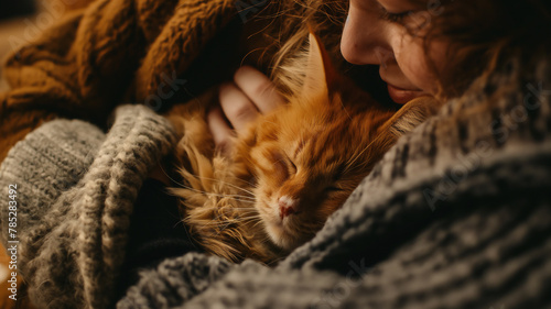 A woman embraces a sleeping ginger cat, wrapped in cozy knitted blankets. photo