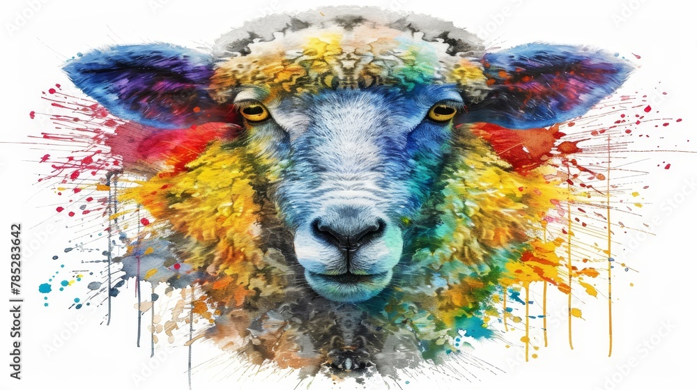 Obraz premium A tight shot of a sheep's face adorned with vibrant paint splatters on one side