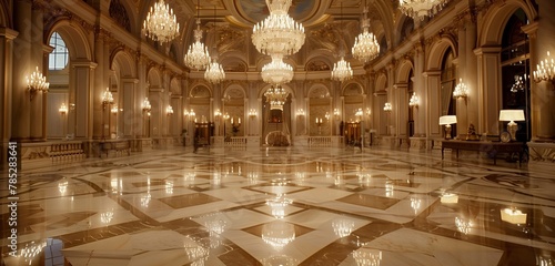 Gleaming chandelier illuminates opulent ballroom with polished marble floors.
