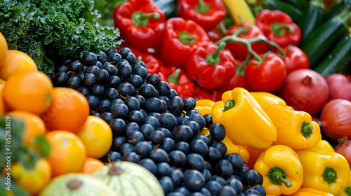 Close-up view of colorful fruits and vegetables from a distance photo