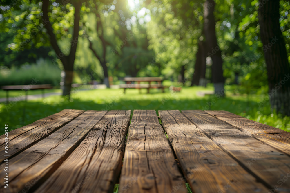 Empty wooden table on summer background with the blurred green garden. Generative AI Empty wooden table on summer background with the blurred green garden. Generative AI