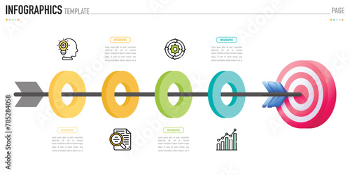 Circular infographic template or element with 4 step, process, option, colorful 3D circle, tag, button, label, icons, row, bar, funnel, fishbone, tree diagram for sale slide, web, flowchart