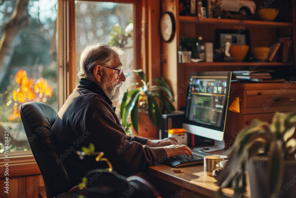 Old man using computer at home sitting on chair and looking at screen. Generative AI Old man using computer at home sitting on chair and looking at screen. Generative AI