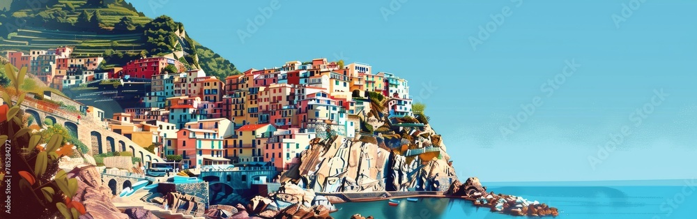 A colorful town with a blue sky and a calm ocean in the background