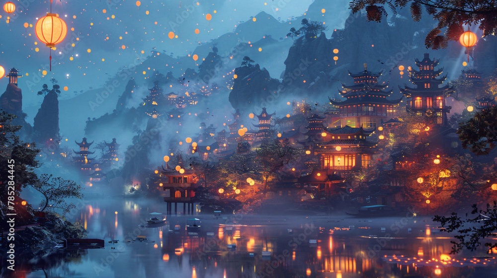Beautiful fantasy mountain Chinese vague decorated