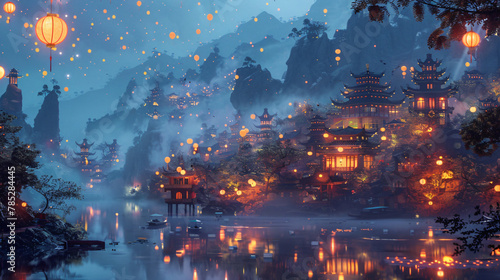 Beautiful fantasy mountain Chinese vague decorated photo