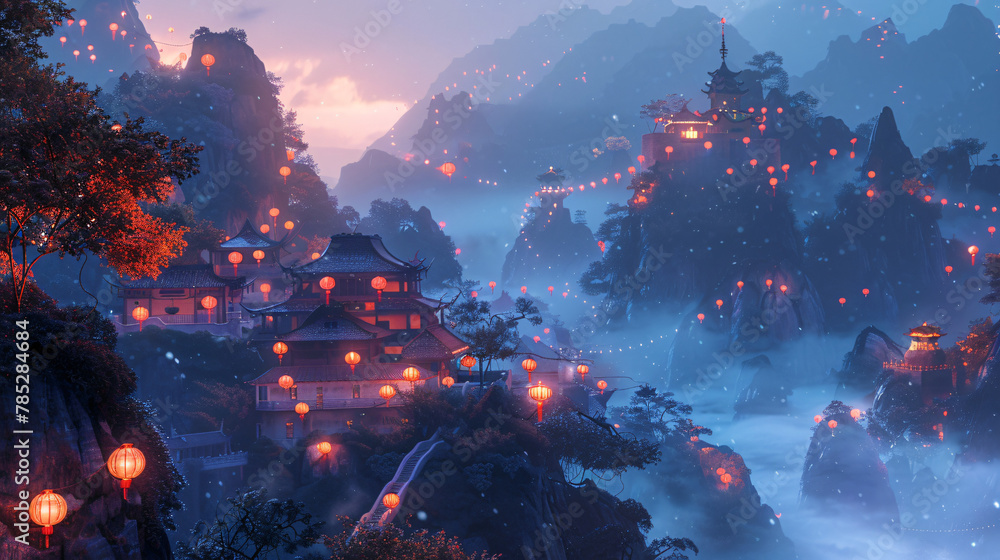 Beautiful fantasy mountain Chinese vague decorated