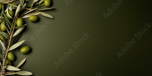 Olive background with shadows of palm leaves on an olive wall, an empty table top for product presentation. A mockup banner photo