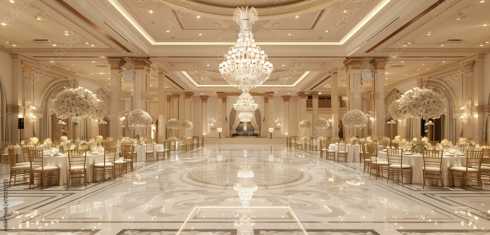 Glittering chandelier enhances the beauty of the polished marble ballroom.