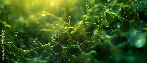 Luminous Algae Networks with Dew Drops. Concept Nature Photography, Macro Shots, Light and Shadow Play, Botanical Textures, Dew Drops