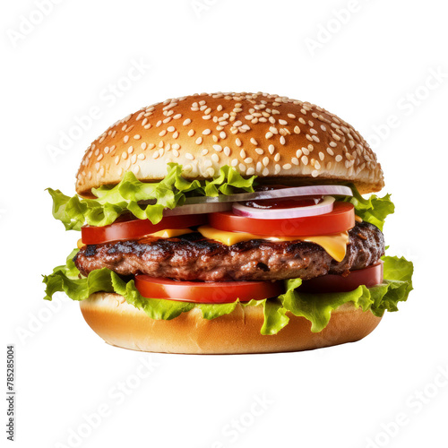 fresh beef burger on transparent background, attractive burger with beef and letus leaf slice and tomato slice