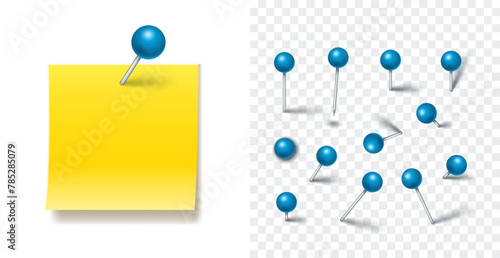 Push Pin Realistic Set. Blue pins set with Metal Needle and shadow isolated on transparent background. Vector 3d red plastic pushpins, board tacks, sewing needles, pins for Paper Note and Maps.