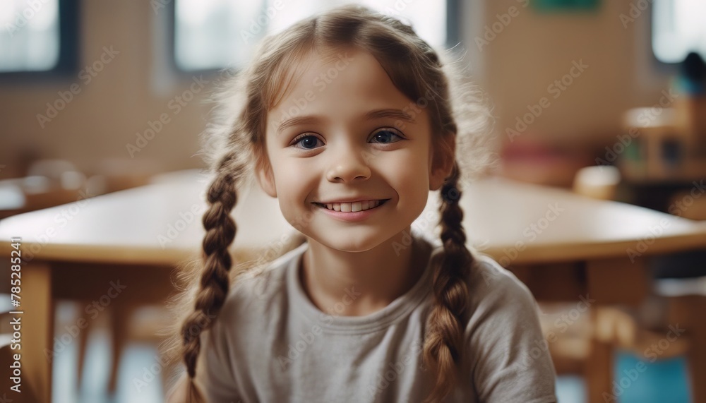 portrait of smiling little girl looking at camera at primary school. Adorable preschool kid sitting portrait of smiling little girl looking at camera at primary school. Adorable preschool kid sitting