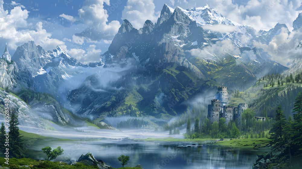 Beautiful fantasy mountain landscape. Panoramic.