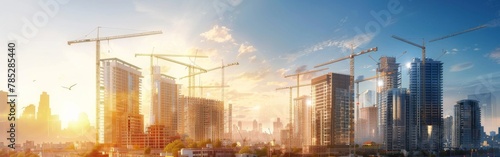 A city skyline with a large crane in the middle