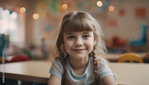portrait of smiling little girl looking at camera at primary school. Adorable preschool kid sitting