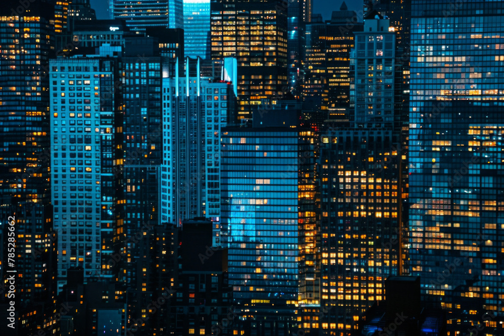 A closeup of skyscrapers in a city during nighttime using a telephoto lens