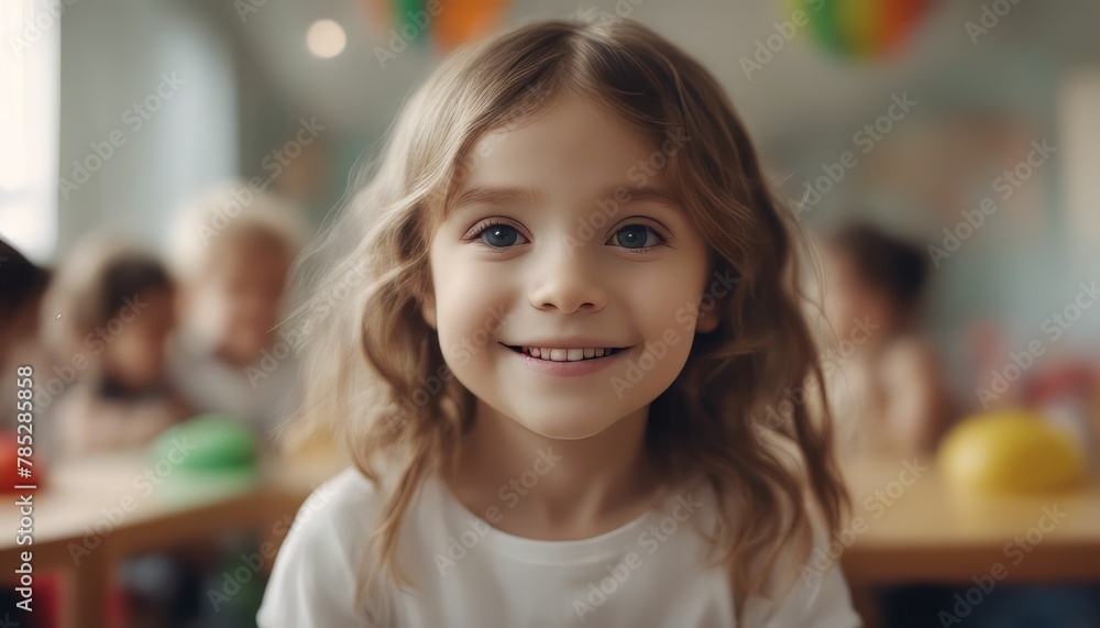portrait of smiling little girl looking at camera at primary school. Adorable preschool kid sitting portrait of smiling little girl looking at camera at primary school. Adorable preschool kid sitting