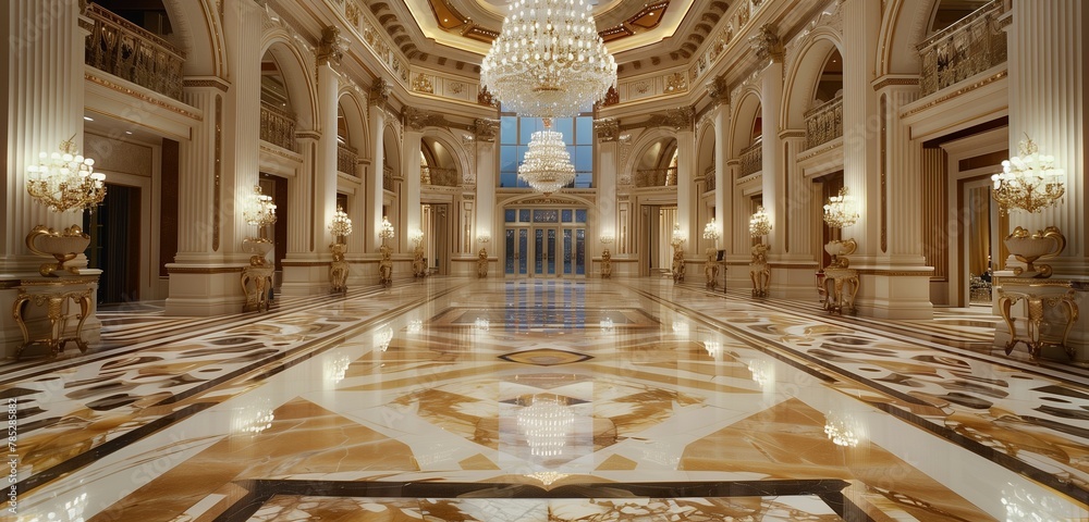 Immaculate marble floor shines beneath opulent chandelier in grand ballroom.