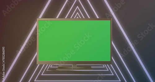 Image of digital television with green blank screen and looping illuminated triangular tunnel