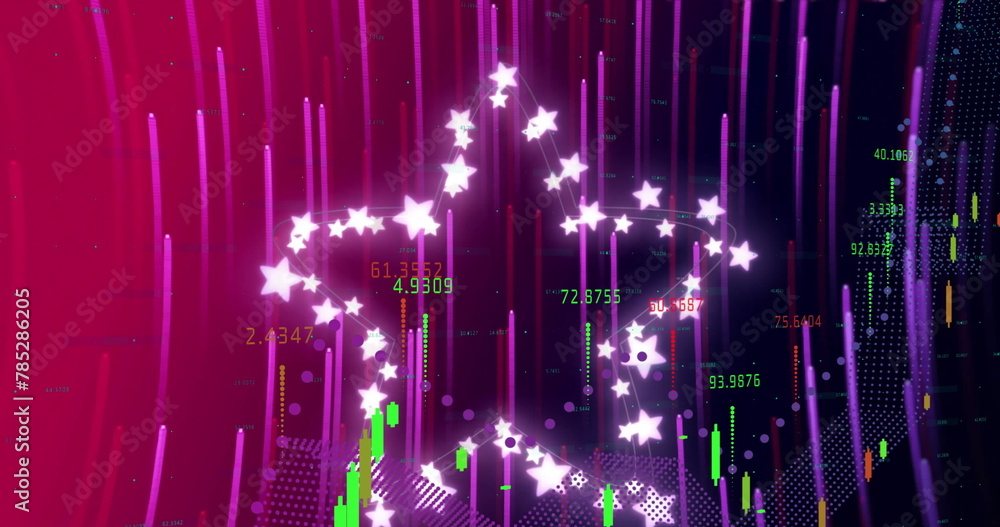 Obraz premium Image of data processing and stars over light trails on purple background