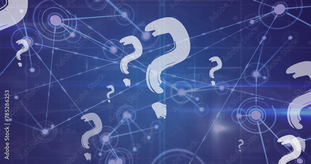 Naklejka premium Image of question marks over network of connections on blue background