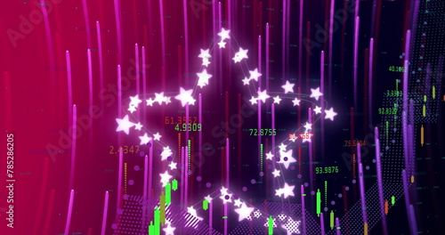 Image of data processing and stars over light trails on purple background