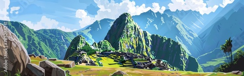 A mountain range with a green hillside and a small village in the foreground photo
