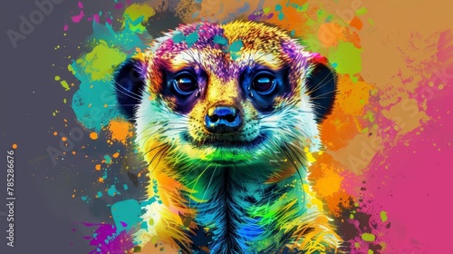  A vibrant image of a baby meerkat against a multi-hued backdrop, featuring a distinct black nose and expressive blue eyes