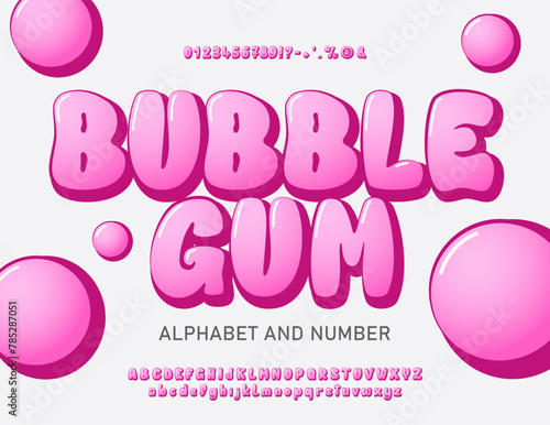 Bubble font with upper and lower case letters, numbers and symbols. Cute airy pink glossy cartoon alphabet. Funny Typeset in 3d Y2k style. Vector bubble gum alphabet.