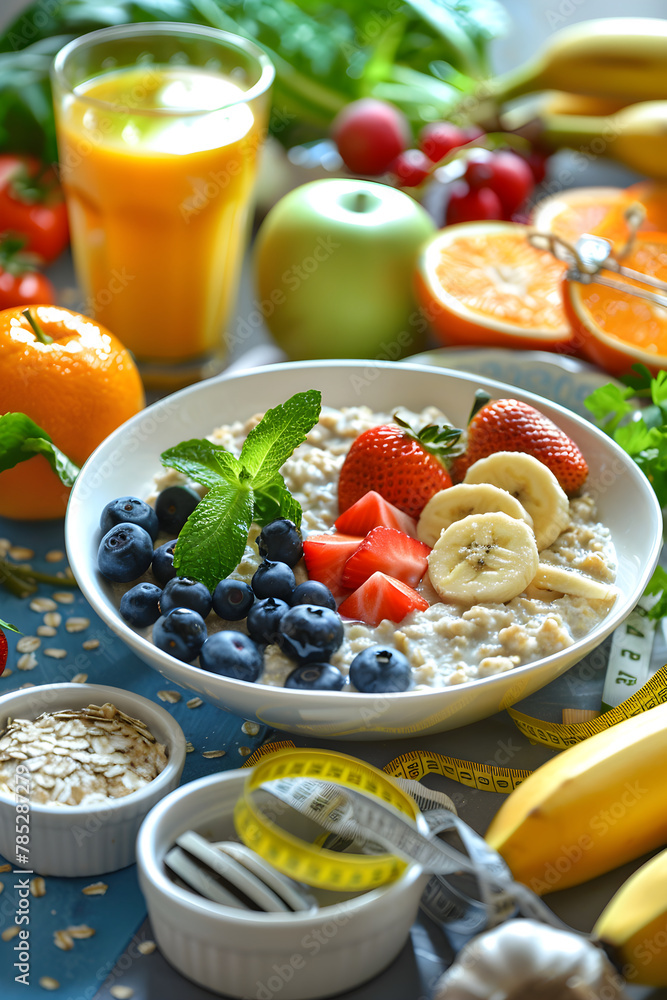 Healthy Oatmeal Breakfast Setup with Fresh Fruits and Juice, Dieting and Nutrition Concept