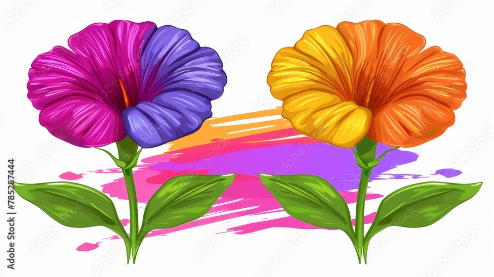   Two vibrant blooms, one with red-purple petals and the other yellow-blue, are situated before a backdrop of pink and purple A smear of paint adds visual