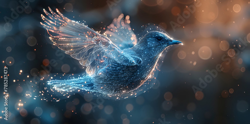 Fantasy bird with Blue glowing wireframe abstract futuristic background © Oksana